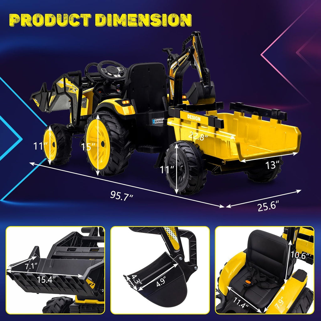 24V Electric Ride-On Tractor with Excavator, Trailer, and Digger Attachments